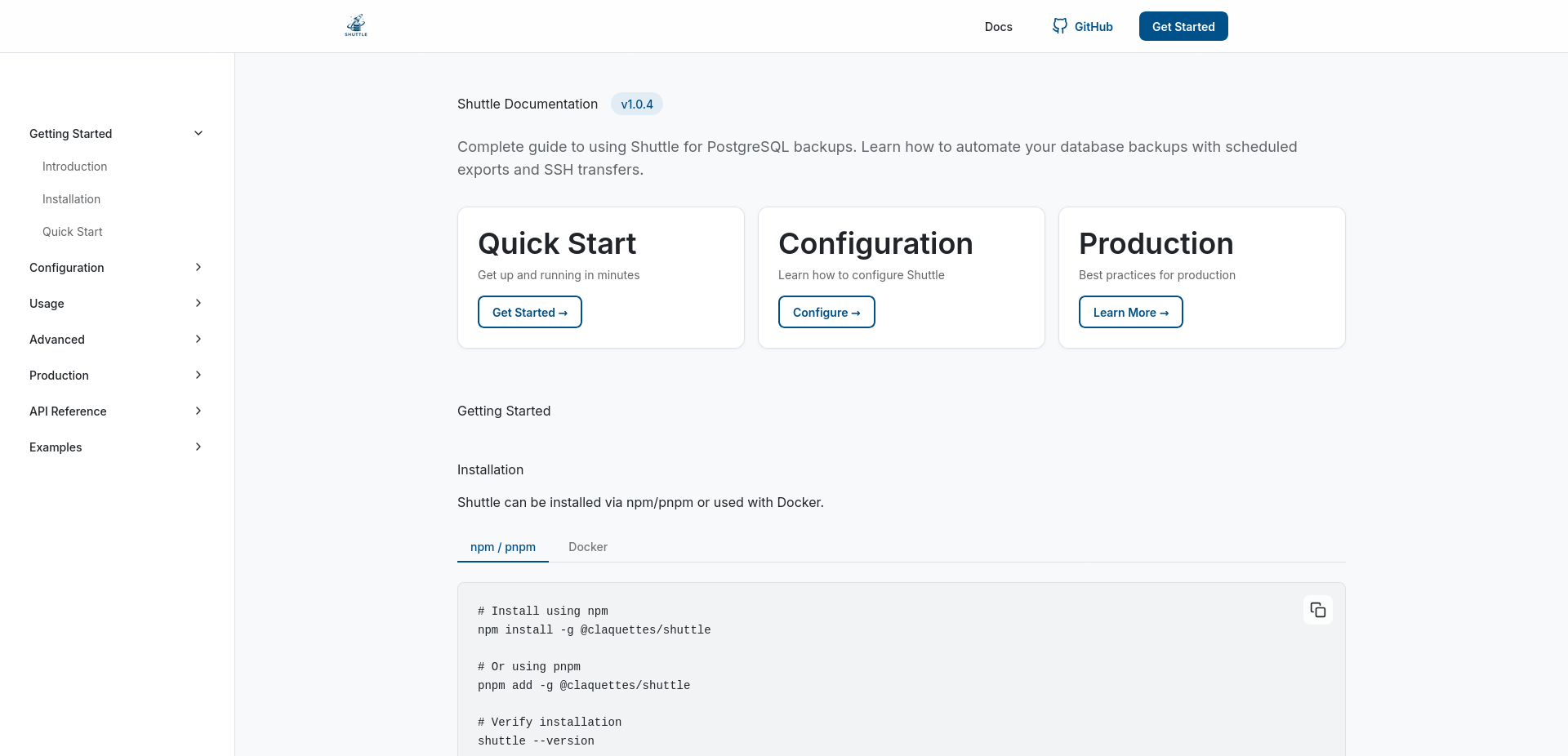 Shuttle documentation website with comprehensive guides